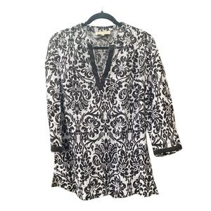Jones New York | 100% Linen Black & White Floral Tunic 3/4 Sleeve
